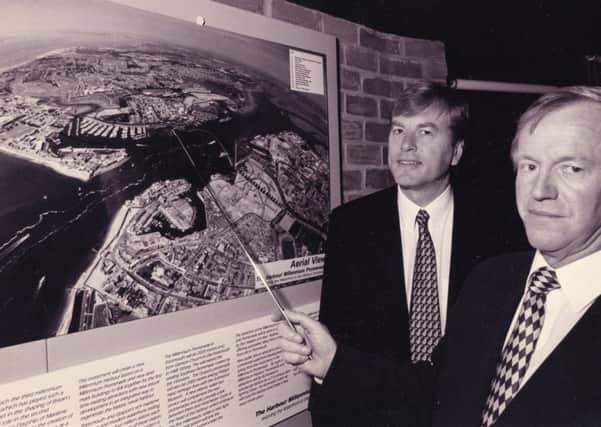 Architect Hedley Greentree, right, unveils the Â£50m scheme to redevelop Portsmouth and Gosport waterfront with Portsmouth's head of marketing, Paul Spooner, in March 1995