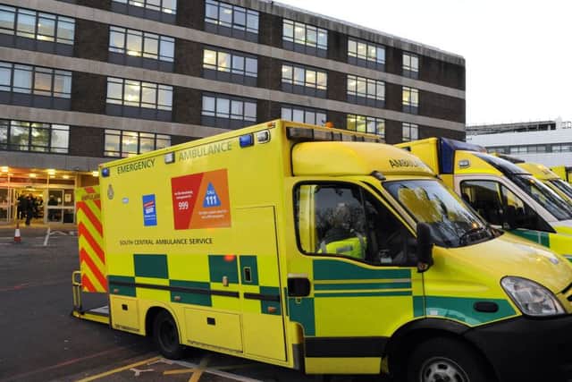 Ambulances queueing both sides of the access road to the Accident and Emergency entrance at Queen Alexandra Hospital in Cosham, Portsmouth, Hampshire on January 2. Picture: Malcolm Wells.