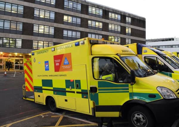 Ambulances queueing both sides of the access road to the Accident and Emergency entrance at Queen Alexandra Hospital in Cosham, Portsmouth, Hampshire on January 2. Picture: Malcolm Wells.