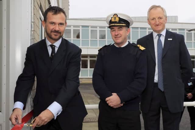 Mark Lancaster MP, Commodore Jeremy Rigby RN and  Robert Robson CEO of RNRMC.