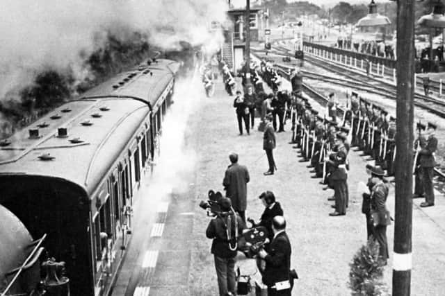 The last day parade at Longmoor Downs station. The B2131 road on the far right is now the new A3 Liss/Liphook bypass dual carriageway
