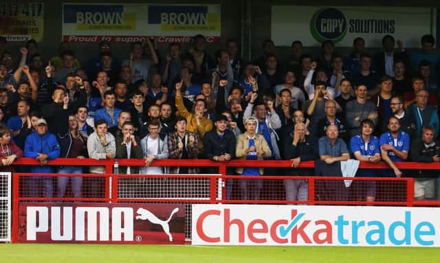 Pompey fans during the last visit to the Broadfield Stadium. Picture: Joe Pepler