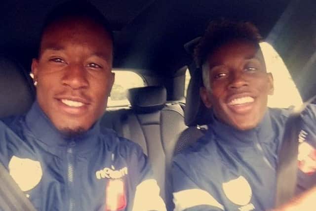 Hampton & Richmond forward Nicke Kabamba, left, is hoping to follow former strike-partner Jamal Lowe, right, to Pompey Picture: @nickekabamba
