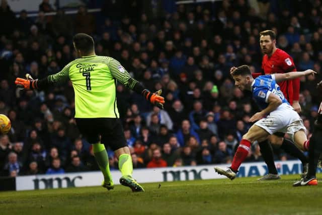 Conor Chaplin scores his second goal of the match in Pompey's win against Leyton Orient at Fratton Park. Photo: Joe Pepler/Digital South.