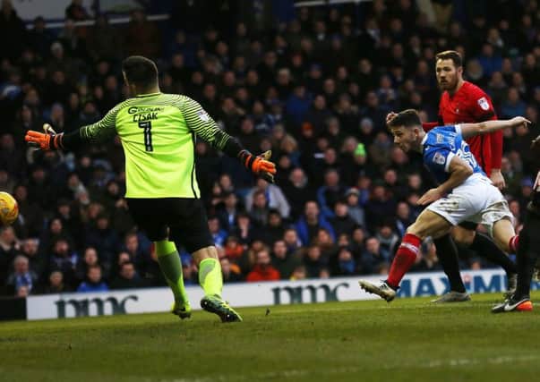 Conor Chaplin scores his second goal of the match in Pompey's win against Leyton Orient at Fratton Park. Photo: Joe Pepler/Digital South.
