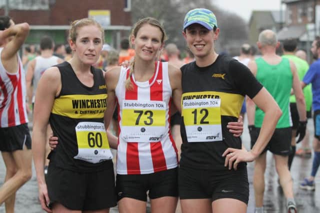 Jen Elkins, centre, finished first with Kate Towerton, left, third and India Lee, right, second. Picture: Habibur Rahman