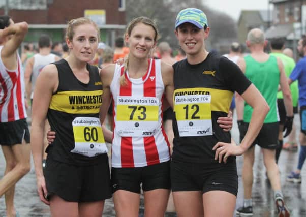 Jen Elkins, centre, finished first with Kate Towerton, left, third and India Lee, right, second. Picture: Habibur Rahman