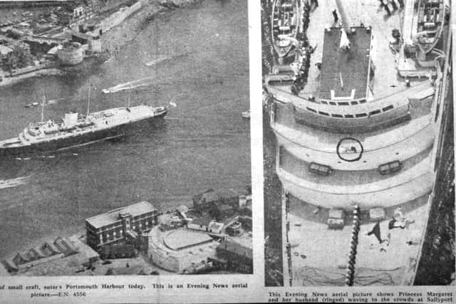 Picture perfect: An Evening News photographer took this fine aerial shot of Britannia as she entered Portsmouth Harbour. Then, he got the pilot to swoop low to capture a close-up of the honeymooners who are circled on the promenade bridge. Roy West, who a few weeks later was to take the iconic aerial shot of HMS Vanguard aground, says it was Alex Turtle who took the picture using a cumbersome plate camera.