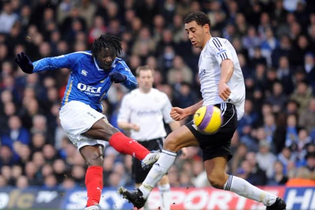 Benjani scores against Derby County in the 2007-08 Premier League season