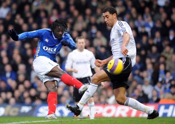 Benjani scores against Derby County in the 2007-08 Premier League season