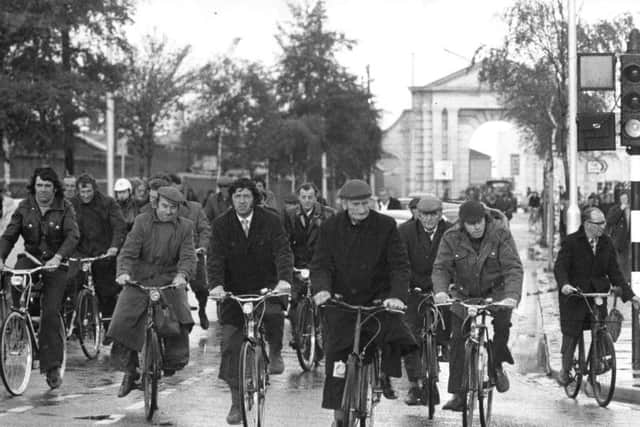 CHARGE Dockyard workers on the outmuster at Unicorn gate in September 1974