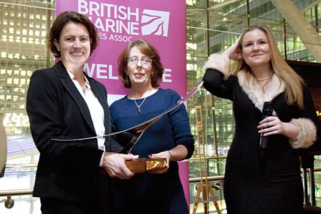 BAR sustainability director Susie Tomson accepts the award with editor of Boating Business Katina Read and sales manager Lyndsay Hall