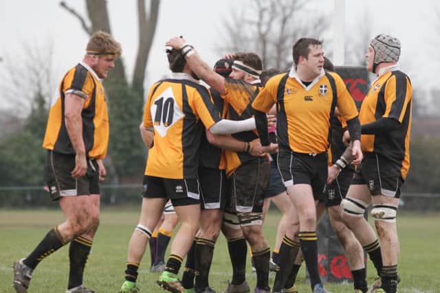Portsmouth celebrate their first try. Picture: Habibur Rahman (170118-682)