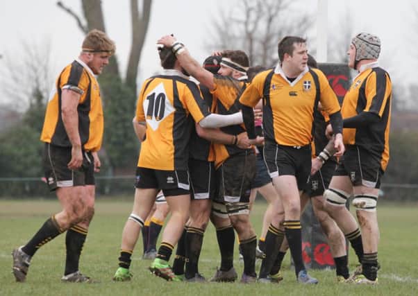 Portsmouth celebrate their first try. Picture: Habibur Rahman (170118-682)