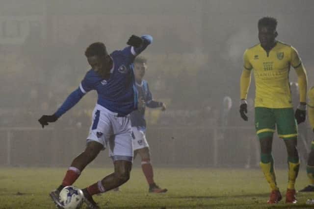 Jamal Lowe scores for Pompey reserves against Norwich at Westleigh Park. Picture: Colin Farmery
