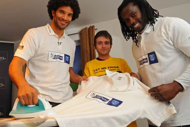 David James, left, and Linvoy Primus, right, join Reece Newman at The Beneficial Foundation in Anson Road Portsmouth during their time at the club