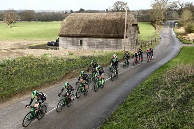 Rory Townsend leads Pedal Heaven and the reduced bunch through Boarhunt. Picture: Eamonn Deane/localriderslocalraces.co.uk