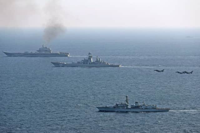 HMS St Albans escorts the Russian carrier group as it makes its way through the Channel   PHOTO: L(Phot) Dave Jenkins
