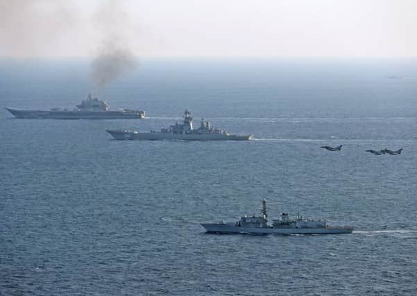 HMS St Albans escorts the Russian carrier group as it makes its way through the Channel   PHOTO: L(Phot) Dave Jenkins