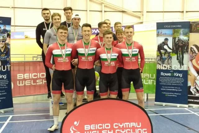 Brendan Drewett, Alex Collins, Harvey McNaughton and Thomas Key sporting the south region's grey and black colours on the podium in Wales