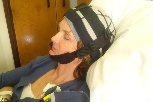 Fiona wearing the cold cap during treatment