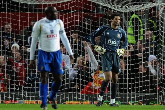 David James, right, and Sol Campbell after Ronaldo's goal against Pompey Picture: Steve Reid