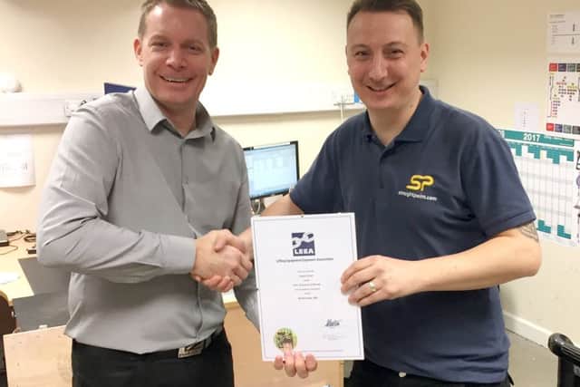 Alfie Lee, operations director at Straightpoint, left, with Straightpoint product technician Gavin Arnell, who passed the Lifting Equipment Engineers Association (LEEA) P1E Foundation Course