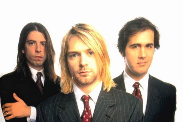 Latter period Nirvana. From left, Dave Grohl, Kurdt Cobain, Kris Novoselic