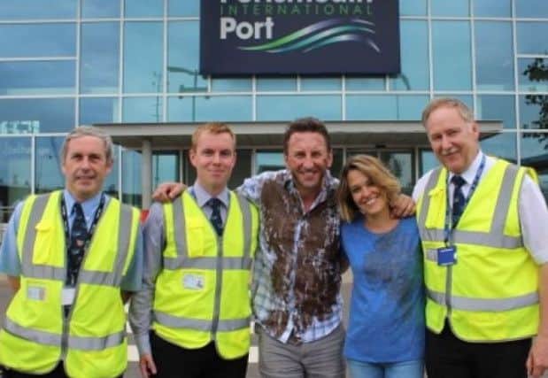 Not Going Out stars Lee Mack and Sally Bretton with staff from the dock. Credit: Portsmouth International Dock
