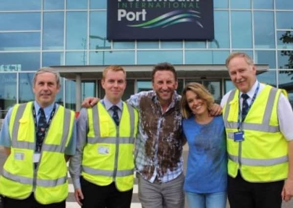 Not Going Out stars Lee Mack and Sally Bretton with staff from the dock. Credit: Portsmouth International Dock