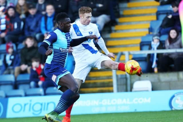 Pompey's new signing Eoin Doyle during the match against Wycombe today. Picture: Joe Pepler.