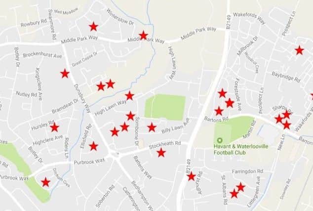 The map issued by Hampshire Constabulary of the vehicle crimes reported in Havant. Credit: Hampshire Constabulary