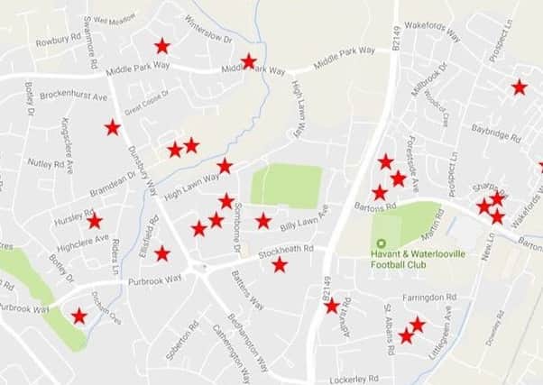 The map issued by Hampshire Constabulary of the vehicle crimes reported in Havant. Credit: Hampshire Constabulary