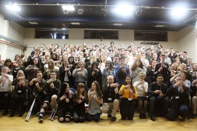 Portsmouth College students, staff, visitors and speakers take the Extremely Together pledge (Credit: Dan Pickles)