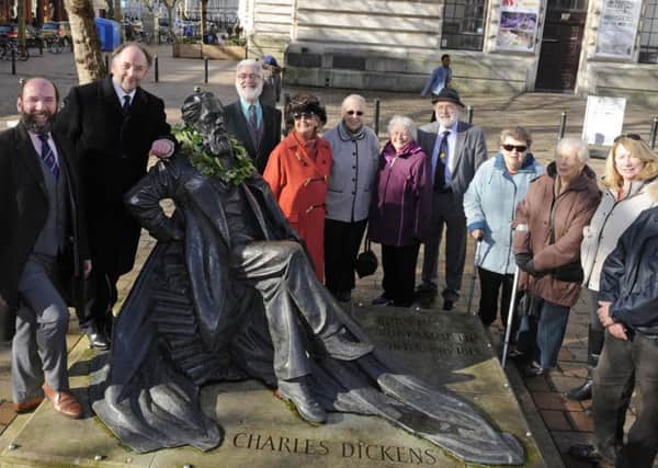 07/02/17  LC  Charles Dickens great-great grandsons have layed a wreath on his statue in Guildhall Square to mark his anniversary. (left), Gerald Dickens and Ian Dickens  Picture Ian Hargreaves