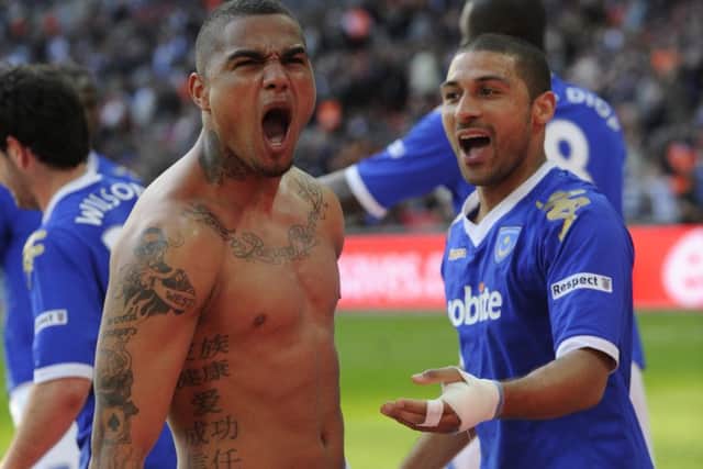 Kevin-Prince Boateng celebrates after scoring a penalty in Pompey's 2010 FA Cup semi-final win over Spurs at Wembley  Picture: Steve Reid