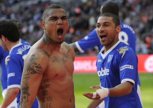 Kevin-Prince Boateng celebrates after scoring a penalty in Pompey's 2010 FA Cup semi-final win over Spurs at Wembley  Picture: Steve Reid