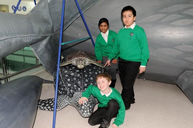 Anika Rahman and Tawhid Ahmen with, front, Alfie Sheperd  at Portsmouth International Portwith some of the life-sized inflatable sea creatures on displayPicture: Sarah Standing (170180-6335)
