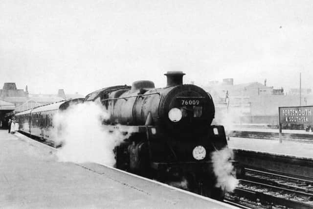 A  Standard class 5 locomotive at the head of its train awaiting to depart Portsmouth & Southsea low level for Salisbury.  (Barry Cox collection)