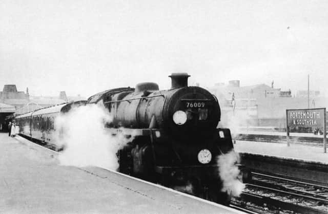 A  Standard class 5 locomotive at the head of its train awaiting to depart Portsmouth & Southsea low level for Salisbury.  (Barry Cox collection)