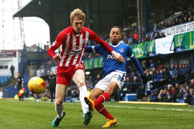 Kyle Bennett on the attack for Pompey during the Blues' hard-fought 2-0 win over Accrington today Picture: Joe Pepler