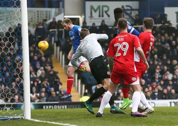 Matt Clarke heads Pompey in front after just 75 seconds as the Blues beat Accrington Stanley 2-0 at Fratton Park Picture: Joe Pepler