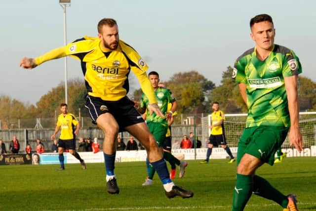 Gosport striker Rowan Vine was forced to play in goal after Borough's keeper was injured in the first half   Picture: Ally Mac Photography