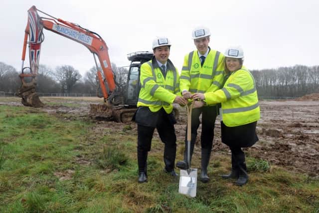 The Minister for local growth James Wharton with Havant MP Alan Mak and Portsmouth City Council leader Donna Jones at the turf-cutting ceremony for Dunsbury Hill Farm last year Picture: Sarah Standing (160165-1509)