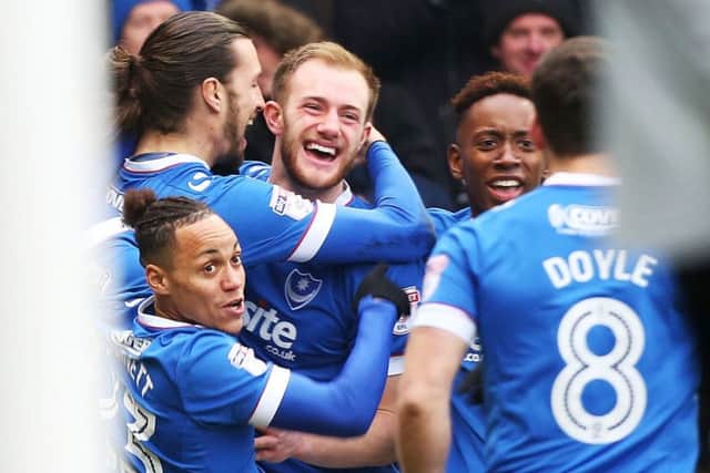 Pompey celebrate during the win against Accrington. Picture: Joe Pepler