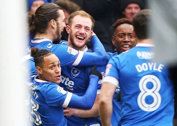 Pompey celebrate during the win against Accrington. Picture: Joe Pepler