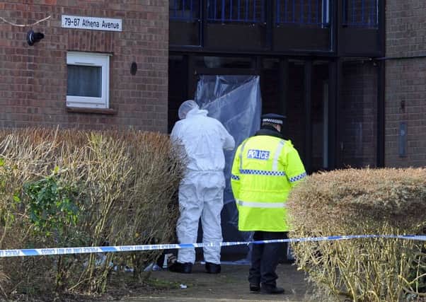 Police at a block of flats in Athena Avenue, Crookhorn, on February 13 after a man was shot at 12.50am. Picture: Malcolm Wells