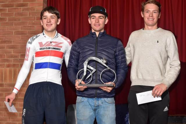 Persf Pedal winner Chris Opie with runner-up Jacob Vaughan, left, and third-placed Rory Townsend, right. Picture: Hugh McManus