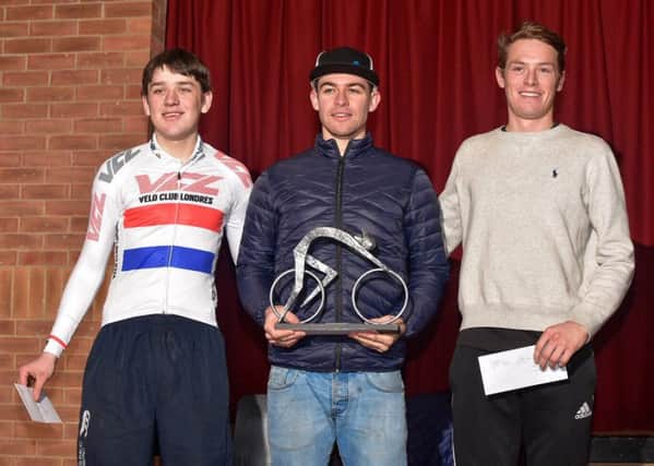Persf Pedal winner Chris Opie with runner-up Jacob Vaughan, left, and third-placed Rory Townsend, right. Picture: Hugh McManus