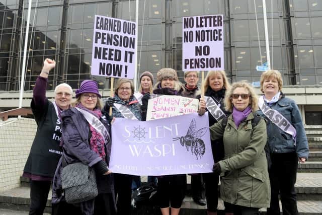 14/2/2017 (EP)A protest took place in Portsmouth on Valentine's Day against Â£9m cuts being proposed by Portsmouth City Council.The three council trade unions, Unison, Unite and GMB are working together to oppose the budget cuts.Pictured is: Solent Waspi were also at the protest. Picture: Sarah Standing (170257-6899) PPP-170214-150253001